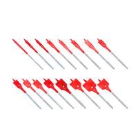 The Diablo DIABLO DSP2980-S16 16-Piece Spade Bit Set for Wood showcases Impact Strong construction with red drill bits arranged in two diagonal rows. Each bit has a flat, spade-like shape and metal shafts with measurement markings.