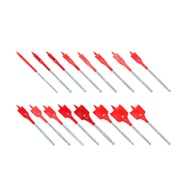 The Diablo DIABLO DSP2980-S16 16-Piece Spade Bit Set for Wood showcases Impact Strong construction with red drill bits arranged in two diagonal rows. Each bit has a flat, spade-like shape and metal shafts with measurement markings.