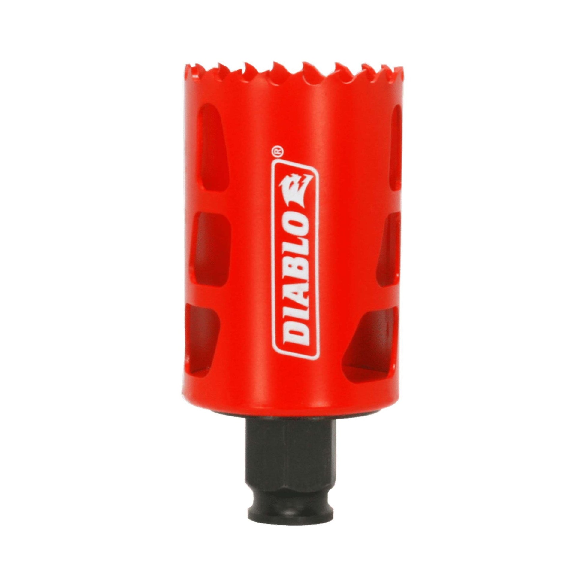 The DIABLO DHS1750 Hole Saw, a red cylindrical tool with jagged teeth and the Diablo logo in white, features built-for-precision Bi-Metal construction for cutting holes. It has a black shank and is set against a plain white background to highlight its craftsmanship.