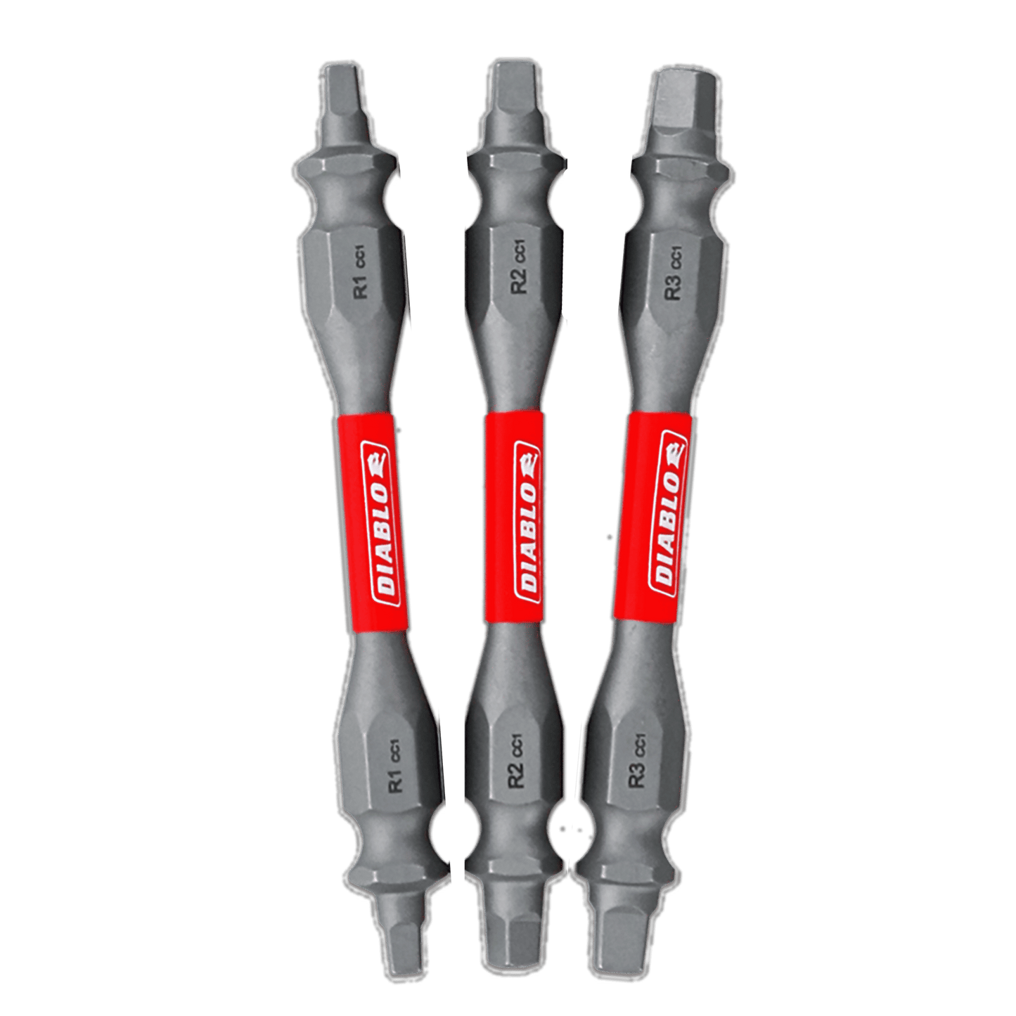 The DIABLO DDESQV25-S3 2-1/2 in. assorted double-ended square drive bits set includes three gray bits, labeled R1, R2, and R3 (cm). They feature MaxTorque Zone technology for enhanced performance with central red sections and the white Diablo logo prominently displayed.