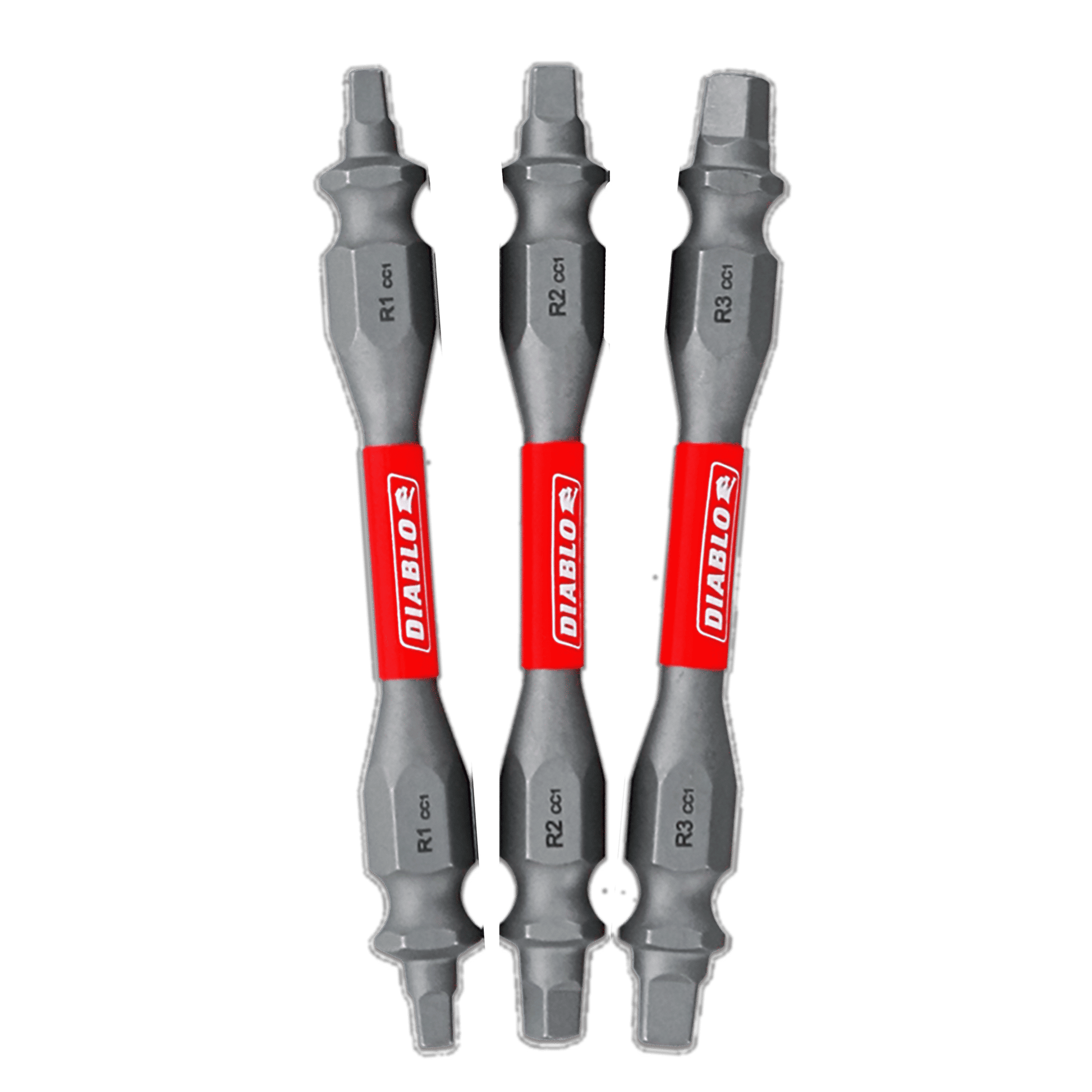 The DIABLO DDESQV25-S3 2-1/2 in. assorted double-ended square drive bits set includes three gray bits, labeled R1, R2, and R3 (cm). They feature MaxTorque Zone technology for enhanced performance with central red sections and the white Diablo logo prominently displayed.