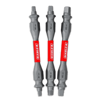 The DIABLO DDESQV25-S3 2-1/2 in. assorted double-ended square drive bits set includes three gray bits, labeled R1, R2, and R3 (cm). They feature MaxTorque Zone technology for enhanced performance with central red sections and the white Diablo logo prominently displayed.