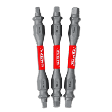 The DIABLO DDESQV25-S3 2-1/2 in. assorted double-ended square drive bits set includes three gray bits, labeled R1, R2, and R3 (cm). They feature MaxTorque Zone technology for enhanced performance with central red sections and the white Diablo logo prominently displayed.