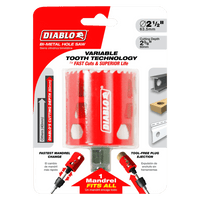 The packaging includes a Diablo DHS2500 High Performance Hole Saw with a red cutting attachment, 2-1/2 inches (63.5mm) in diameter. It boasts a variable tooth design and the Snap-Lock Plus™ mandrel system for fast cuts, extended lifespan, and tool-free plug ejection.