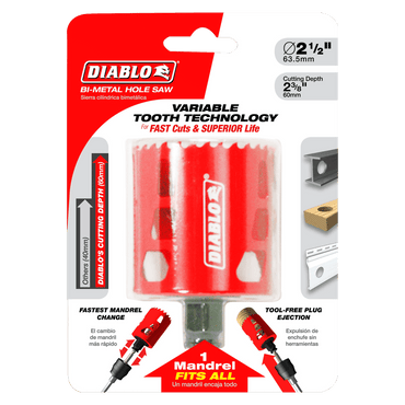 The packaging includes a Diablo DHS2500 High Performance Hole Saw with a red cutting attachment, 2-1/2 inches (63.5mm) in diameter. It boasts a variable tooth design and the Snap-Lock Plus™ mandrel system for fast cuts, extended lifespan, and tool-free plug ejection.