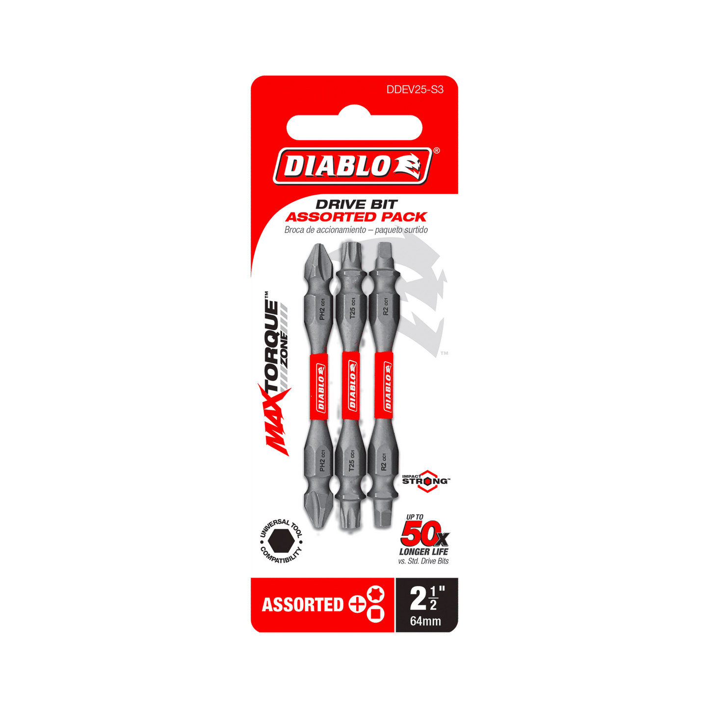 The DIABLO DDEV25-S3 2-1/2 in. Double-Ended Drive Bit Set by Diablo features a red and white MaxTorque Zone, offering extreme durability with an Impact Strong™ design for 50 times longer life. The set includes three assorted Phillips, Square, and Torx drive bits.