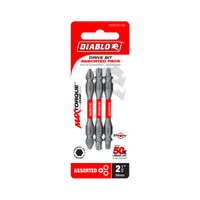 The DIABLO DDEV25-S3 2-1/2 in. Double-Ended Drive Bit Set by Diablo features a red and white MaxTorque Zone, offering extreme durability with an Impact Strong™ design for 50 times longer life. The set includes three assorted Phillips, Square, and Torx drive bits.