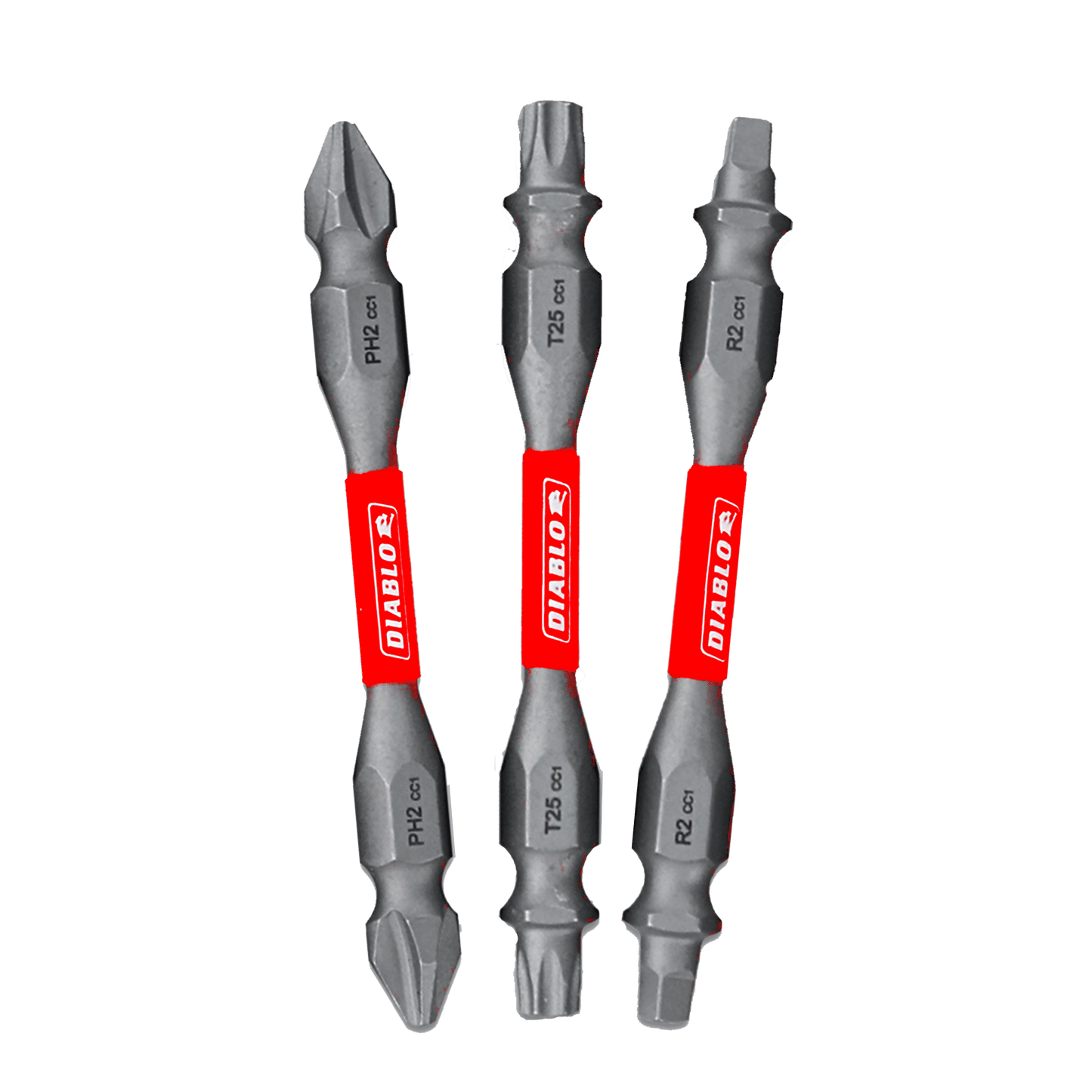 The Diablo DDEV25-S3 set includes three 2-1/2 in. double-ended bits—PH2, T25, and R2—with red labels, metallic finish, and hexagonal midsections. Featuring Impact Strong™ technology and a MaxTorque Zone, they offer extreme durability for intense demands.