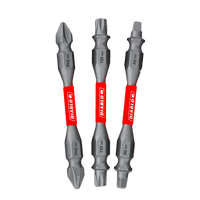 The Diablo DDEV25-S3 set includes three 2-1/2 in. double-ended bits—PH2, T25, and R2—with red labels, metallic finish, and hexagonal midsections. Featuring Impact Strong™ technology and a MaxTorque Zone, they offer extreme durability for intense demands.