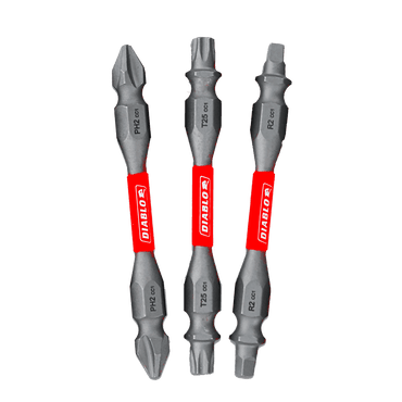 The Diablo DDEV25-S3 set includes three 2-1/2 in. double-ended bits—PH2, T25, and R2—with red labels, metallic finish, and hexagonal midsections. Featuring Impact Strong™ technology and a MaxTorque Zone, they offer extreme durability for intense demands.