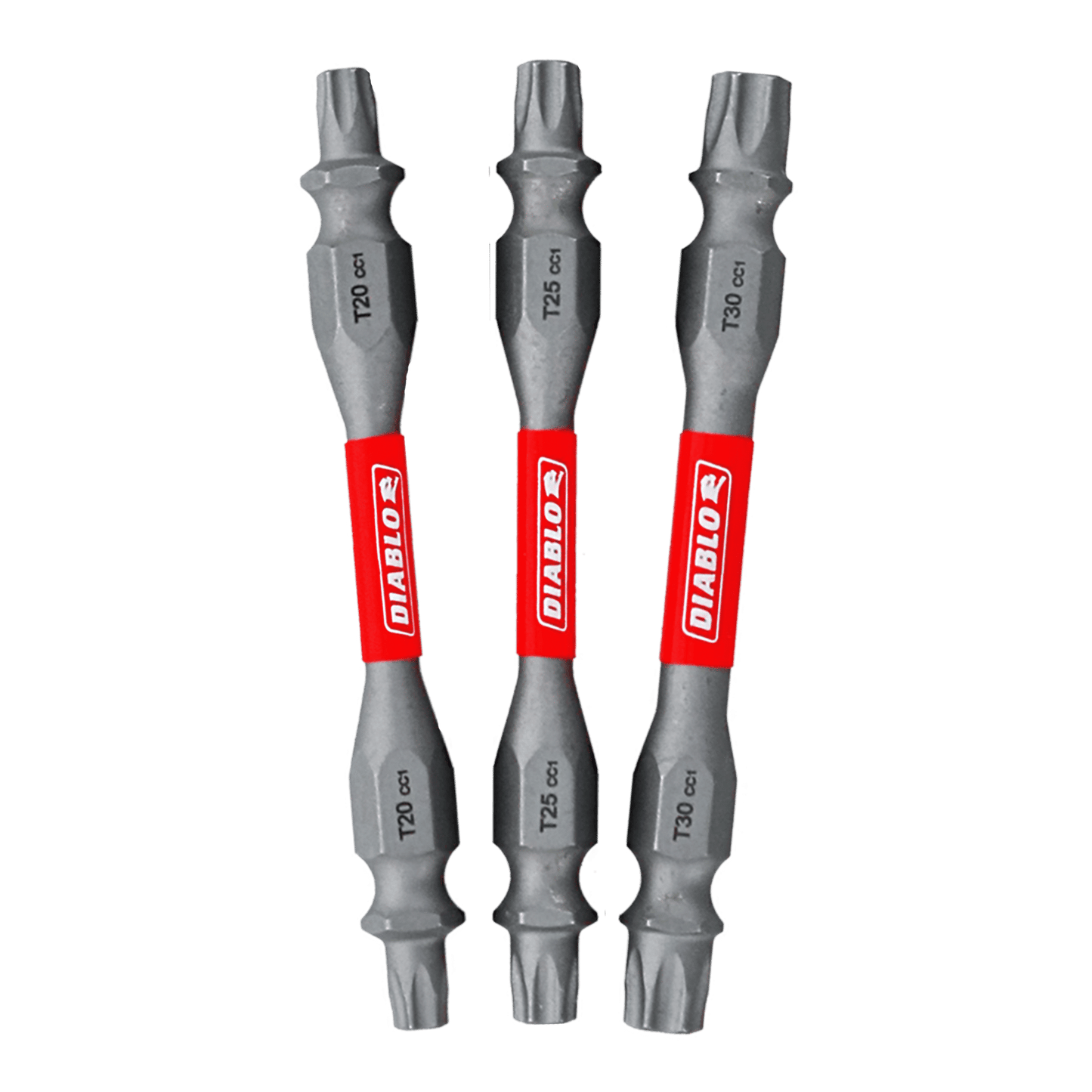 Three Diablo DDETV25-S3 2-1/2 in. Double-Ended Torx Drive Bits with red-labeled handles feature sizes T20, T25, and T30. Their gray metallic finish enhances durability in the MaxTorque Zone for optimal grip and precision.