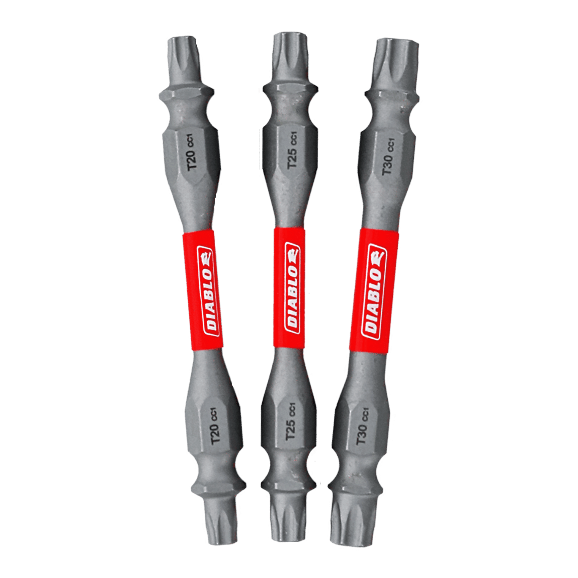 Three Diablo DDETV25-S3 2-1/2 in. Double-Ended Torx Drive Bits with red-labeled handles feature sizes T20, T25, and T30. Their gray metallic finish enhances durability in the MaxTorque Zone for optimal grip and precision.