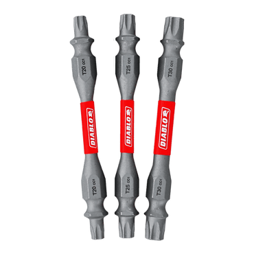 Three Diablo DDETV25-S3 2-1/2 in. Double-Ended Torx Drive Bits with red-labeled handles feature sizes T20, T25, and T30. Their gray metallic finish enhances durability in the MaxTorque Zone for optimal grip and precision.