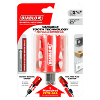 Introducing the DIABLO DHS2250 2-1/4 in. x 2-3/8 in. High Performance Hole Saw by Diablo, featuring a sleek red and white design. Its variable tooth technology delivers exceptional cutting, while the fastest mandrel system allows effortless tool-free plug ejection.