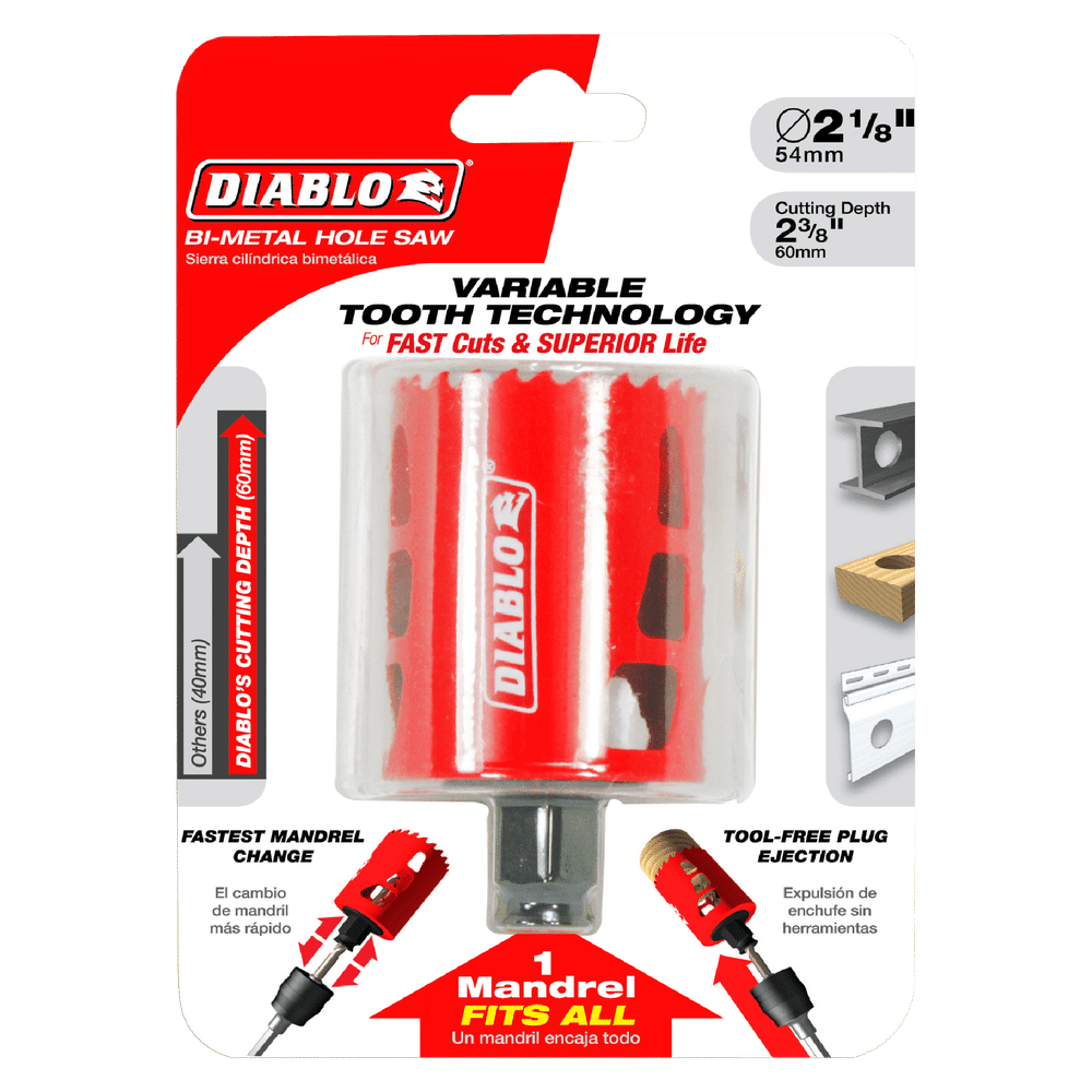 The DIABLO DHS2125, a 2-1/8 in. x 2-3/8 in. high-performance hole saw from Diablo, features variable tooth technology and boasts the fastest Snap-Lock Plus mandrel change with tool-free plug ejection, all packaged in vibrant red with striking text and graphics.