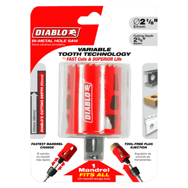 The DIABLO DHS2125, a 2-1/8 in. x 2-3/8 in. high-performance hole saw from Diablo, features variable tooth technology and boasts the fastest Snap-Lock Plus mandrel change with tool-free plug ejection, all packaged in vibrant red with striking text and graphics.