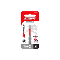 The DIABLO DT102P1 2 in. #10 Torx Drive Bit packaging highlights a 50x longer life due to its Impact Strong™ technology and MaxTorque Zone, all within a striking white and red design showcasing Diablos commitment to durability and performance.