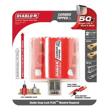 The packaging of the Diablo DHS2687CT 2-11/16 Carbide Teeth Hole Saw features a red design with carbide teeth for fast cutting, durable performance in wood and metal, 50x longer life, 40% deeper cuts, and tool-free plug ejection for increased productivity.