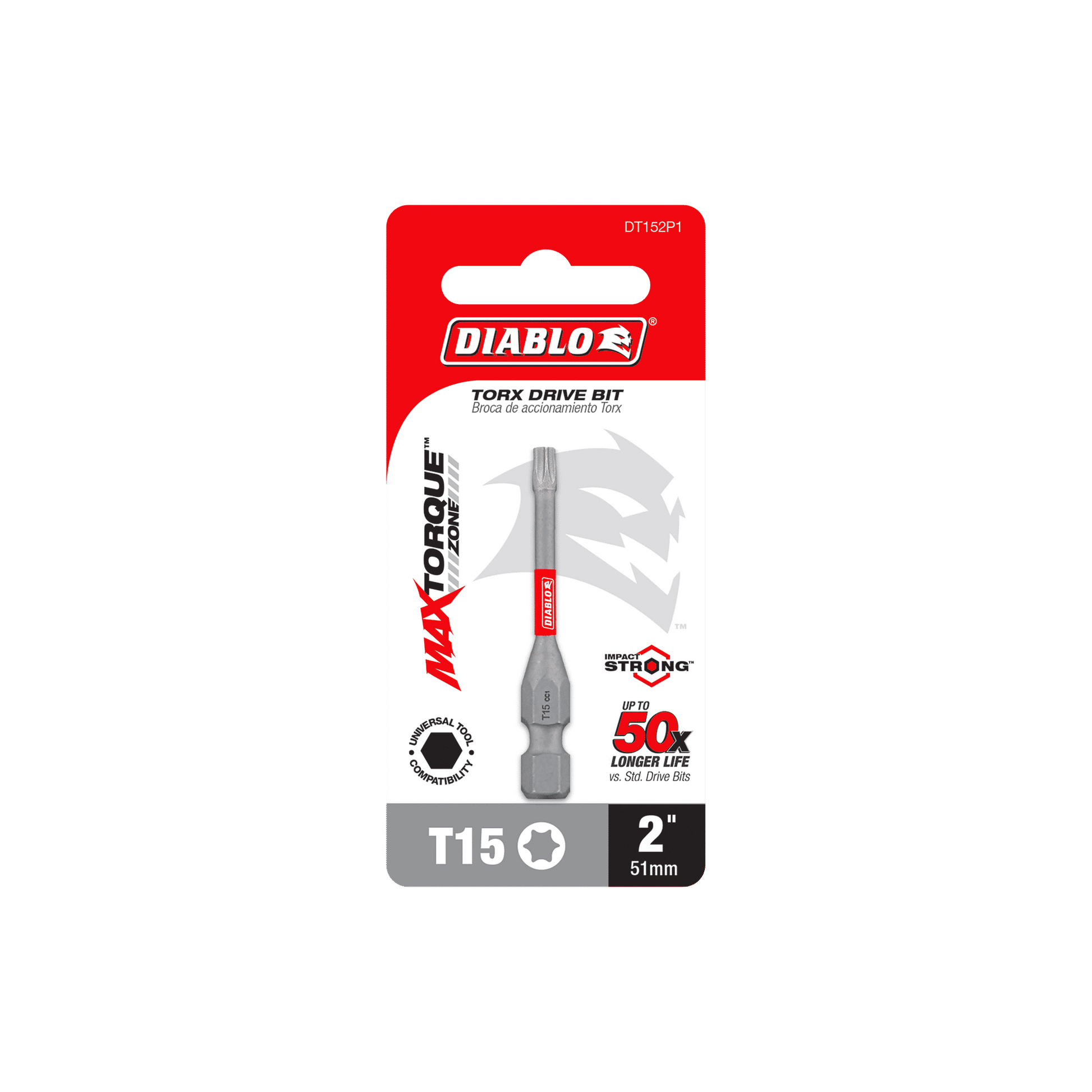 The DIABLO DT152P1 2 in. #15 Torx Drive Bit, in distinctive red and gray packaging, showcases Max Torque Technology and Impact Strong™ design, offering a remarkable 50x longer life due to its MaxTorque Zone innovation.