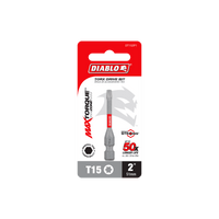 The DIABLO DT152P1 2 in. #15 Torx Drive Bit, in distinctive red and gray packaging, showcases Max Torque Technology and Impact Strong™ design, offering a remarkable 50x longer life due to its MaxTorque Zone innovation.