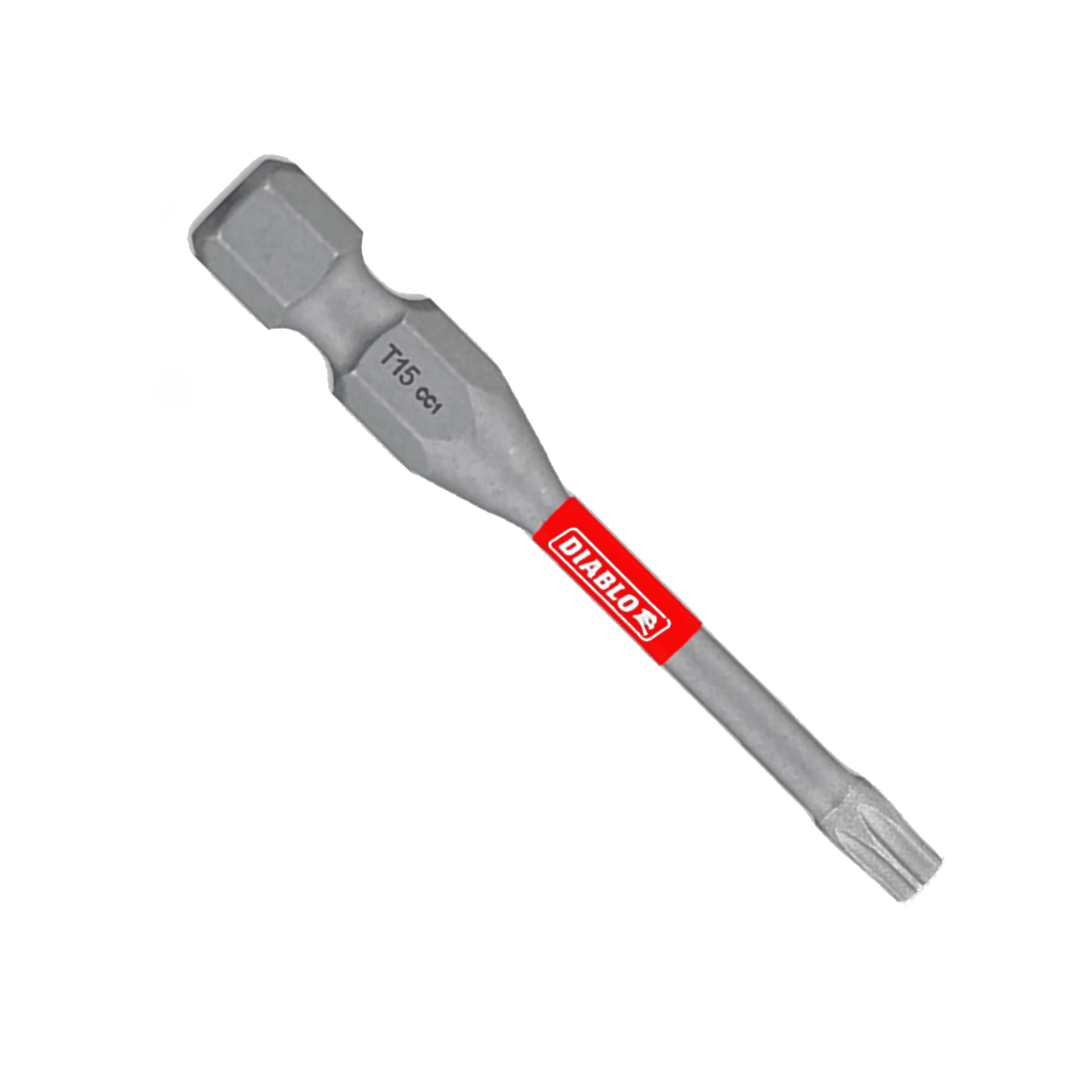 The Diablo DT152P1 2 in. #15 Torx Drive Bit is silver with a red Diablo label, featuring a hexagonal socket head and a star-shaped tip. Its Impact Strong™ design enhances durability and precision with the MaxTorque Zone.