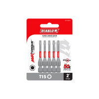 The DIABLO DT152P5 2 in. #15 Torx Drive Bits (5-Pack) by Diablo feature Impact Strong™ durability, MAX TORQUE technology, and a MaxTorque Zone, promising a 50x longer life. They come in an eye-catching red and white package suitable for all Torx driver bit needs.