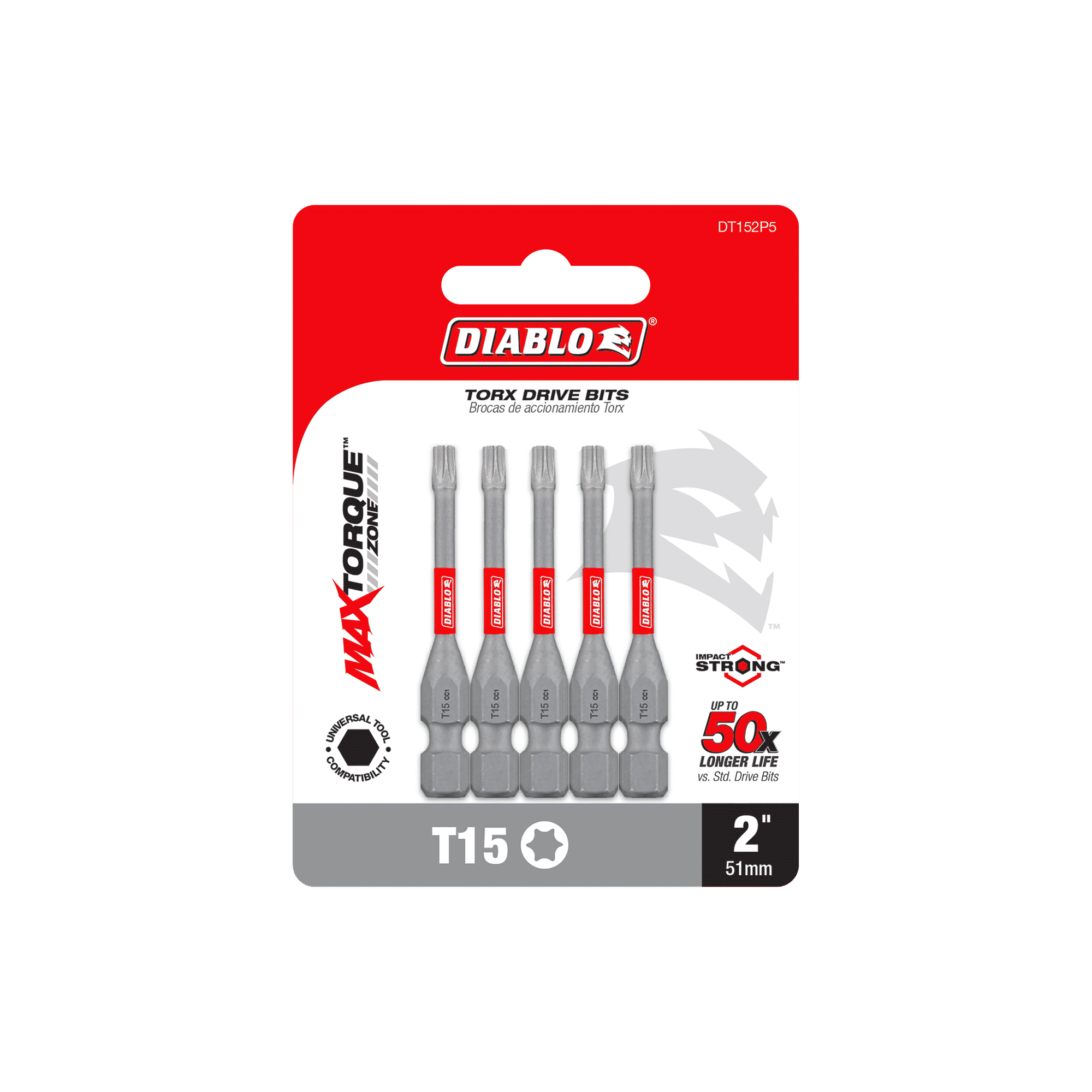 The DIABLO DT152P5 2 in. #15 Torx Drive Bits (5-Pack) by Diablo feature Impact Strong™ durability, MAX TORQUE technology, and a MaxTorque Zone, promising a 50x longer life. They come in an eye-catching red and white package suitable for all Torx driver bit needs.