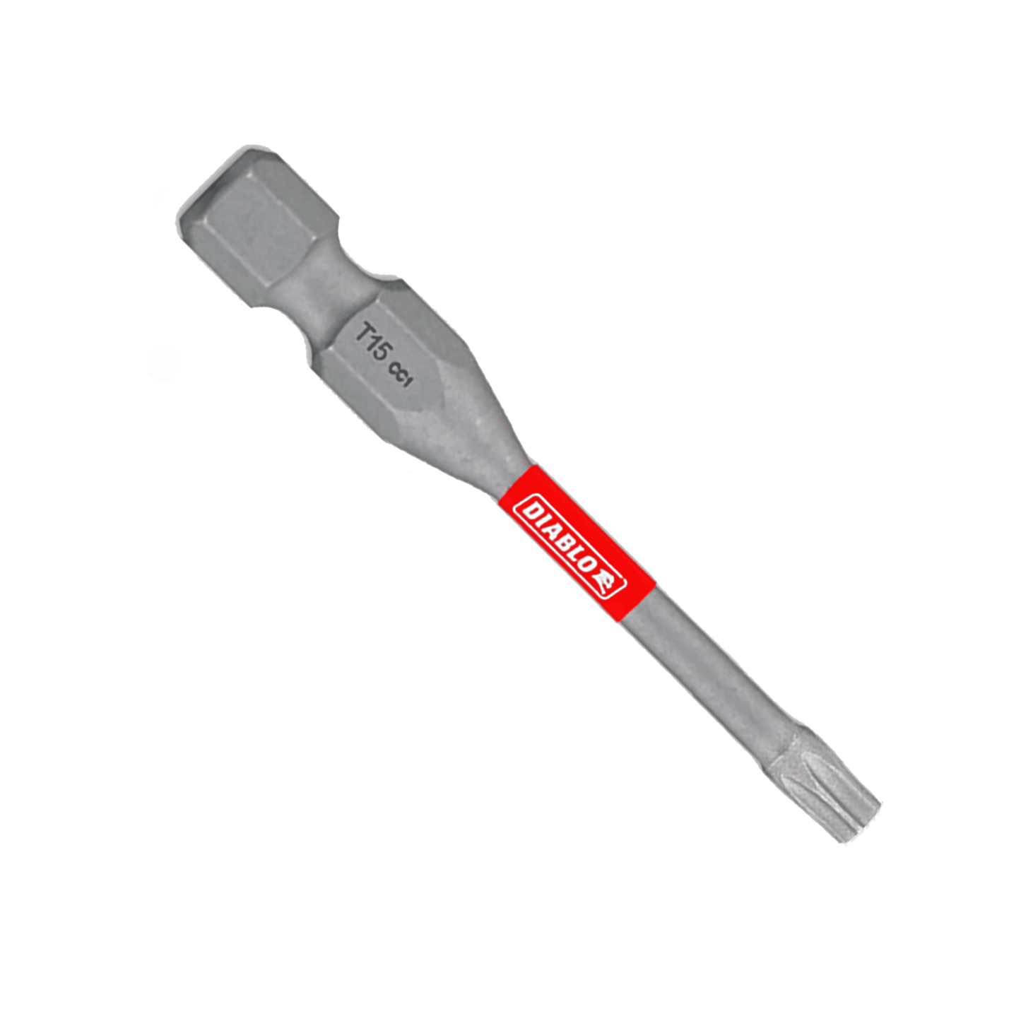 The image features a DIABLO DT152P5 2 in. #15 Torx Drive Bit with a gray metal design, square shank, and Torx T15 tip. A striking red DIABLO label represents the Impact Strong™ engineering against a clean white background.