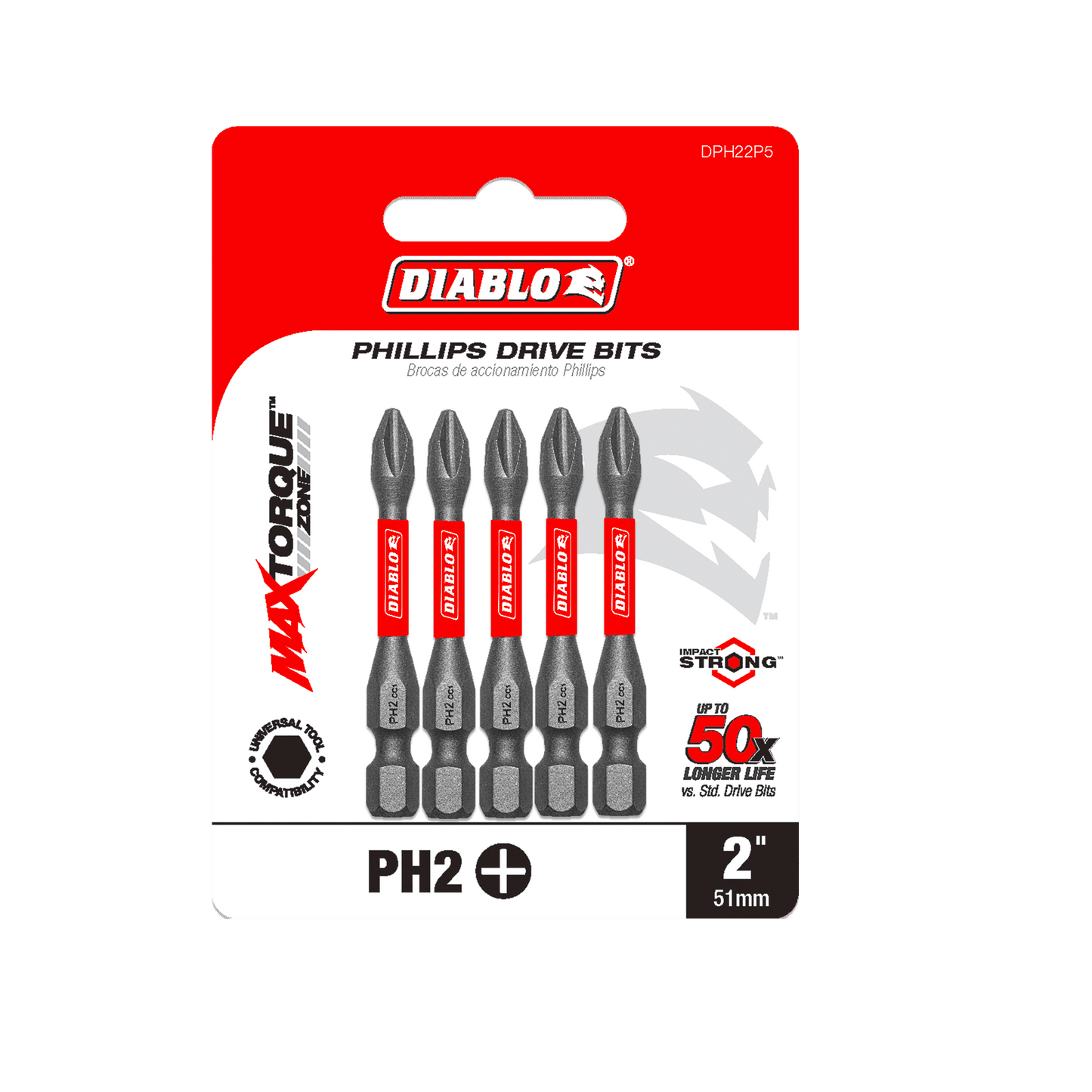 The Diablo DPH22P5 features red and white packaging with five vertically aligned 2-inch #2 Phillips drive bits, highlighting MAXTORQUE and PH2. With a claim of 50x longer life, it includes the Impact Strong™ MaxTorque Zone for enhanced durability and strength.