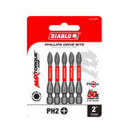 The Diablo DPH22P5 features red and white packaging with five vertically aligned 2-inch #2 Phillips drive bits, highlighting MAXTORQUE and PH2. With a claim of 50x longer life, it includes the Impact Strong™ MaxTorque Zone for enhanced durability and strength.