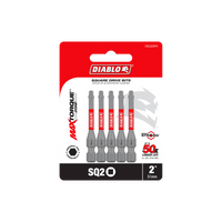 The image shows a package of Diablo DSQ22P5 2 in. #2 Square Drive Bits (5-Pack), featuring an Impact Strong™ and Torque Resistant Design. The packaging highlights Max Torque and 50x longer life, with four square bits visible against a red and white background.