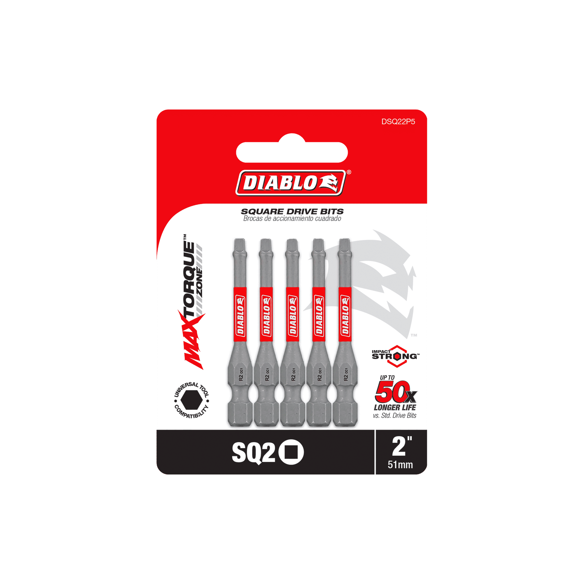 The image shows a package of Diablo DSQ22P5 2 in. #2 Square Drive Bits (5-Pack), featuring an Impact Strong™ and Torque Resistant Design. The packaging highlights Max Torque and 50x longer life, with four square bits visible against a red and white background.