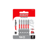 Check out the DIABLO DT202P5 2 in. #20 Torx Drive Bits (5-Pack) by Diablo, featuring five 2-inch Impact Strong™ bits with MaxTorque Zone for 50 times longer life. The vibrant red and white packaging showcases all product details neatly.