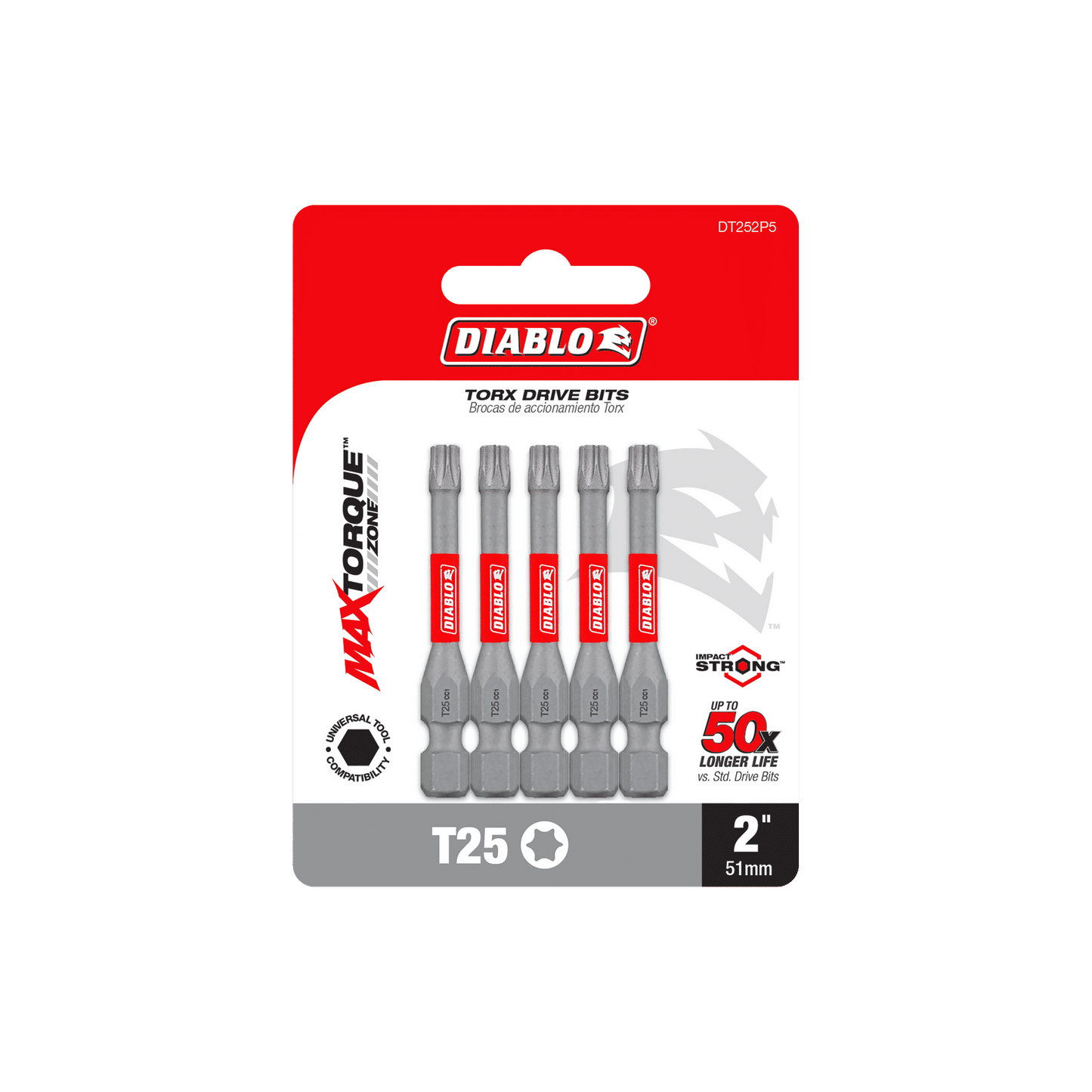 The image depicts a Diablo DT252P5 package containing five 2-inch (#25) Torx drive bits. It highlights Impact Strong™ durability for a lifespan 50 times longer, with the MaxTorque Zone for superior strength and performance.