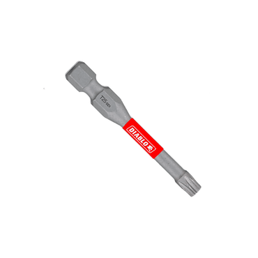 The DIABLO DT252P5 2 in. #25 Torx Drive Bits (5-Pack) by Diablo, showcases a silver bit with a red center label reading DIABLO in white and is designed with Impact Strong™ technology for durability, suitable for precision and power within the MaxTorque Zone against a green background.