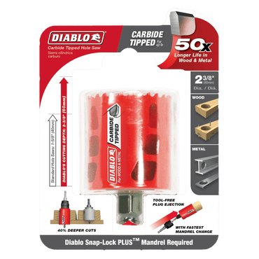 Packaging of the Diablo DHS2375CT features a red, carbide-tipped 2-3/8 in. hole saw for wood and metal, offering faster cutting performance. It includes tool-free plug ejection and the Snap-Lock Plus™ Mandrel System for easy use.