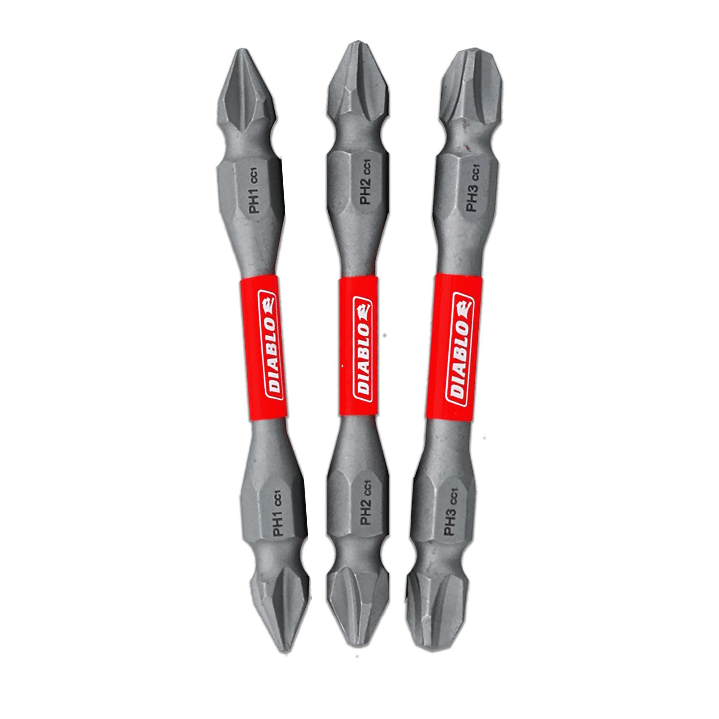 Three 2-3/8 in. double-ended screwdriver bits with red labels, branded Diablo, feature sizes PH1, PH2, and PH3 as Impact Strong Phillips bits; they have a metallic finish and are vertically arranged.