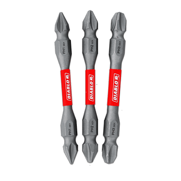 Three 2-3/8 in. double-ended screwdriver bits with red labels, branded Diablo, feature sizes PH1, PH2, and PH3 as Impact Strong Phillips bits; they have a metallic finish and are vertically arranged.