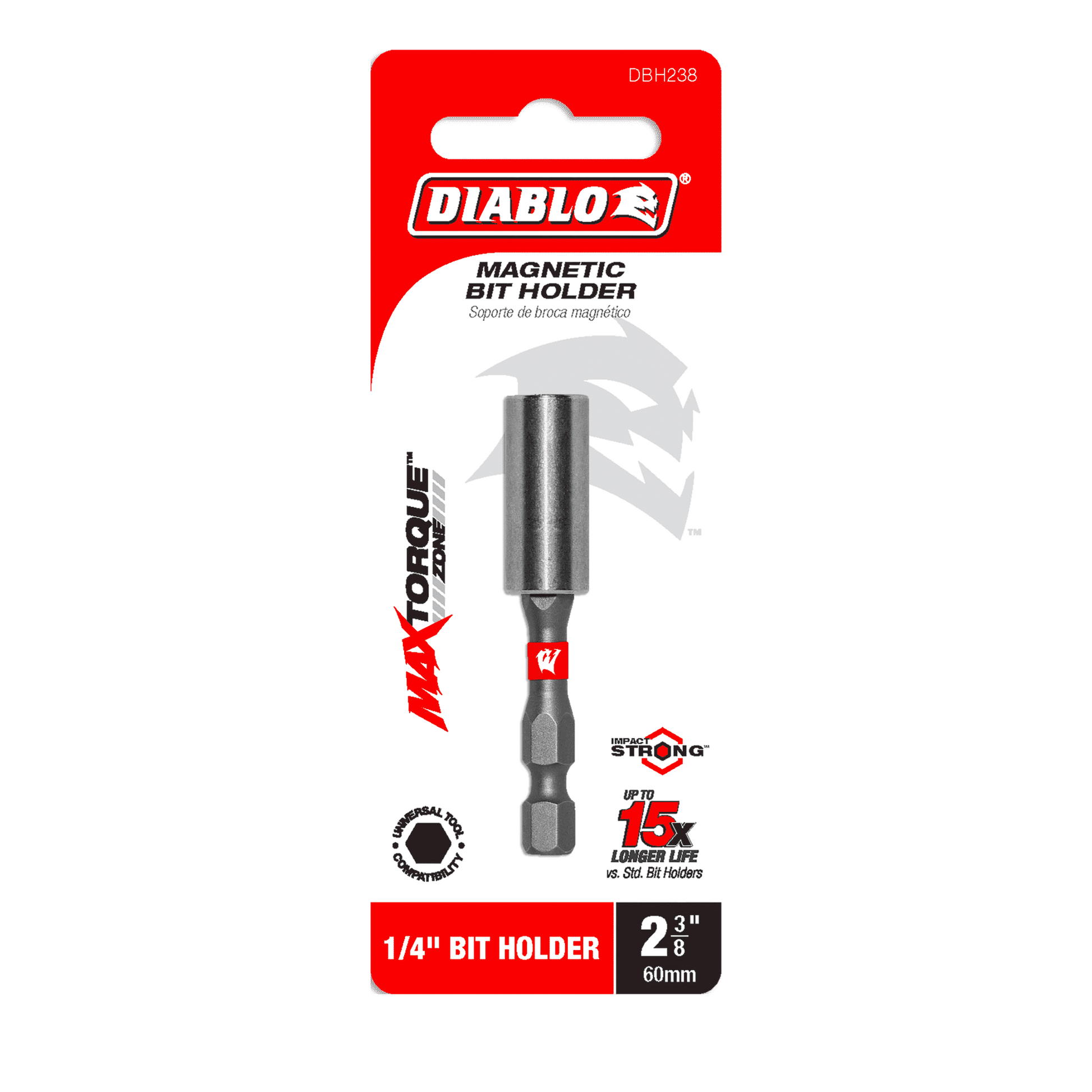 The image features the Diablo DBH238 2-3/8 in. magnetic drive bit holder with red and white packaging, showcasing its Max Torque design for 15x longer life. This drive bit holder is 1/4 inch, 60mm, boasting MaxTorque Zone and Impact Strong™ for exceptional durability.