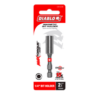 The image features the Diablo DBH238 2-3/8 in. magnetic drive bit holder with red and white packaging, showcasing its Max Torque design for 15x longer life. This drive bit holder is 1/4 inch, 60mm, boasting MaxTorque Zone and Impact Strong™ for exceptional durability.