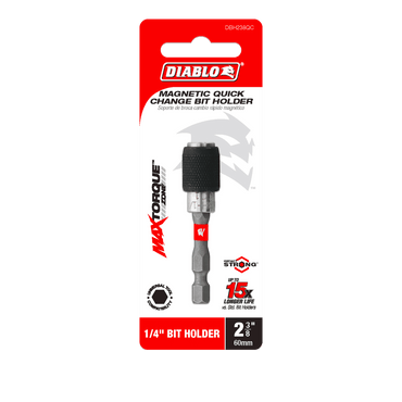 The DIABLO DBH238QC 2-3/8 in. Magnetic Quick Change Bit Holder features a sleek black and silver design with a vivid red hex-shaped handle, boasting Max Torque technology for 15x longer life, highlighted by the iconic devil logo to emphasize its strong performance.