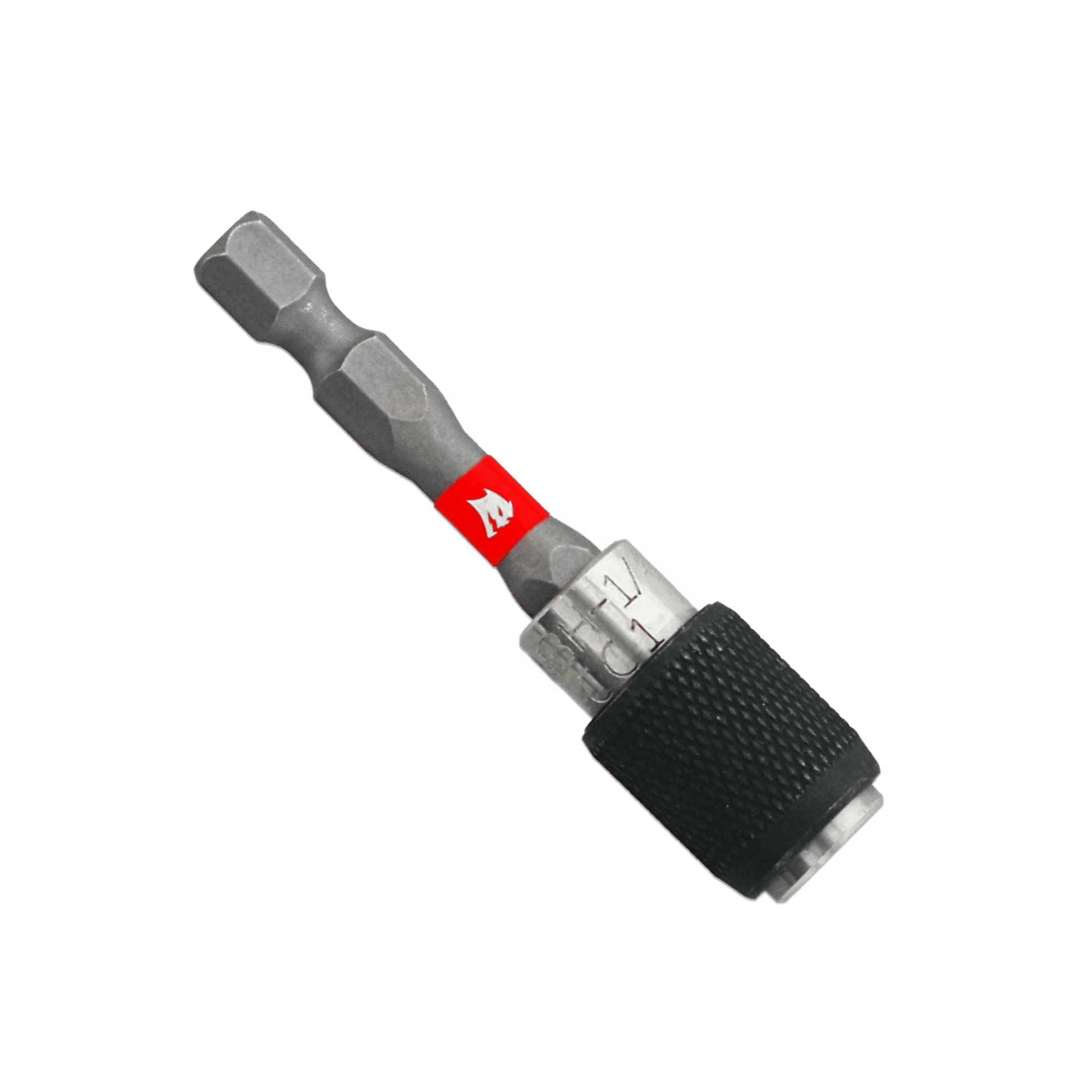 The DIABLO DBH238QC 2-3/8 in. Magnetic Quick Change Bit Holder by Diablo features a black textured grip, a red label section, and is designed for ultimate torque resistance. It securely holds screwdriver bits for power drills and screwdrivers against a plain green background.