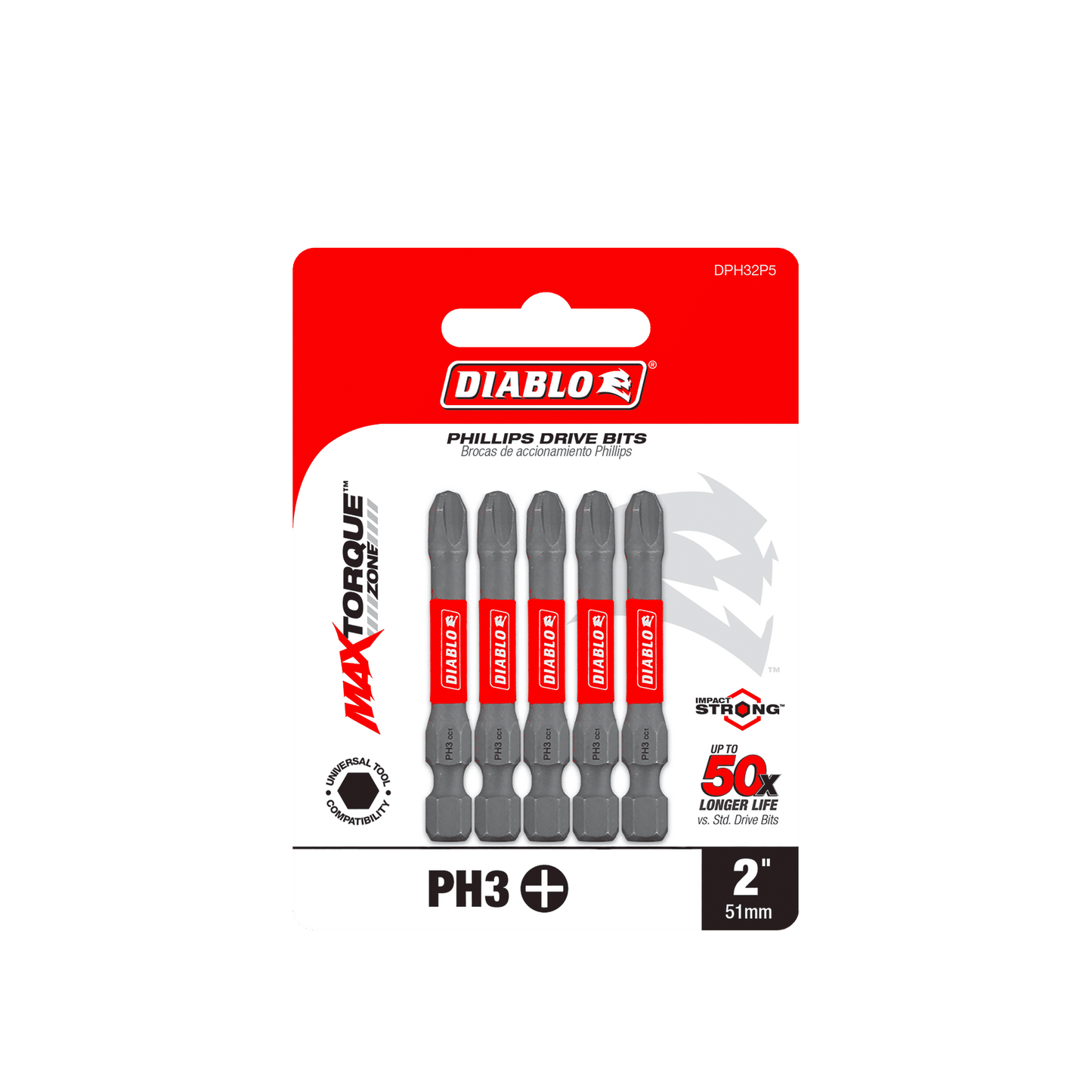 The DIABLO DPH32P5 2 in. #3 Phillips Drive Bits (5-Pack) from Diablo use Impact Strong™ technology for superior durability, lasting 5 times longer. The red and white packaging highlights branding and specifications prominently.