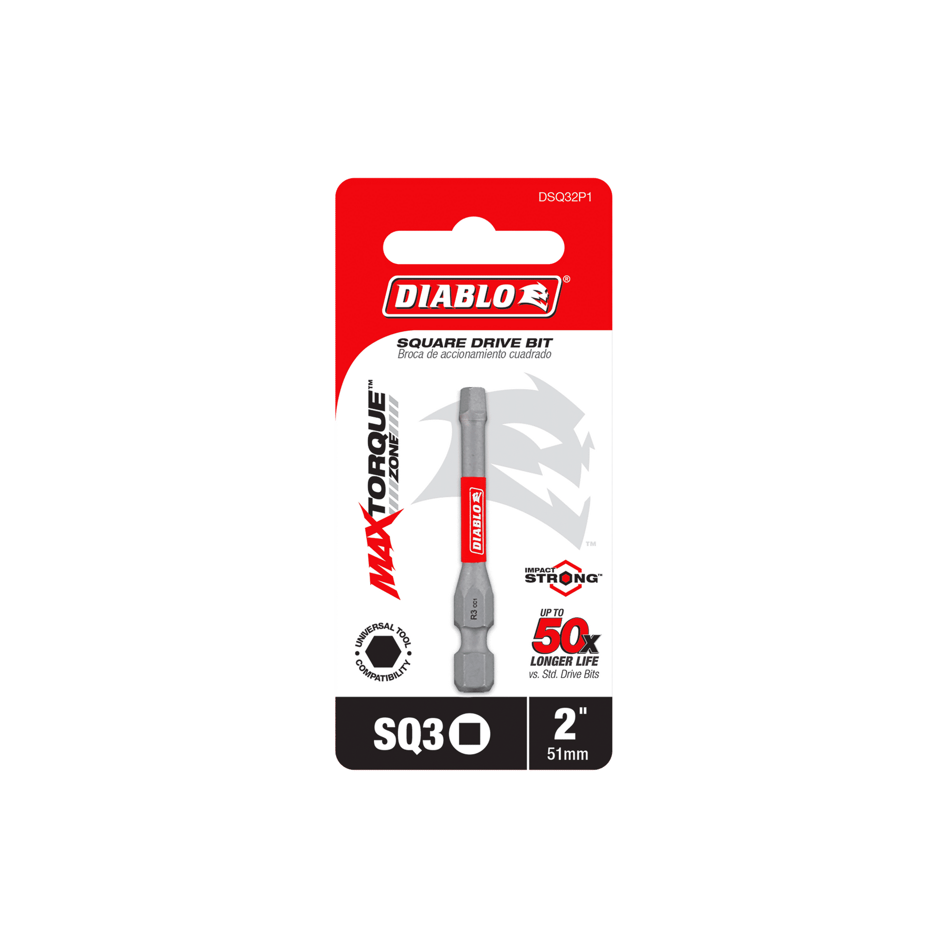 The DIABLO DSQ32P1 2 in. #3 Square Drive Bits packaging features red with white and black text, highlighting impact resistance, up to 50x longer life, and strong in bold letters.