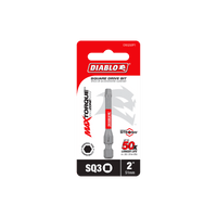 The DIABLO DSQ32P1 2 in. #3 Square Drive Bits packaging features red with white and black text, highlighting impact resistance, up to 50x longer life, and strong in bold letters.