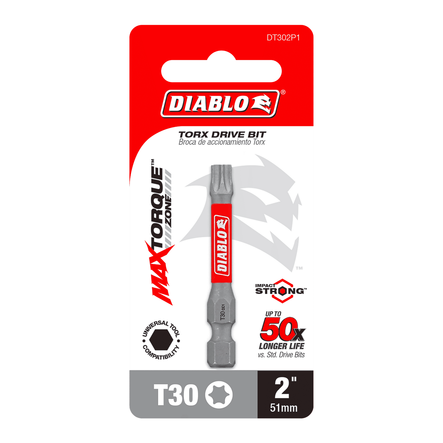 The Diablo DT302P1 2 in. #30 Torx Drive Bit, part of the Max Torque Zone, offers impact resistance for up to 50 times longer life. Its design features bold red, white, and gray colors with striking branding and a graphic of the Torx driver bits.