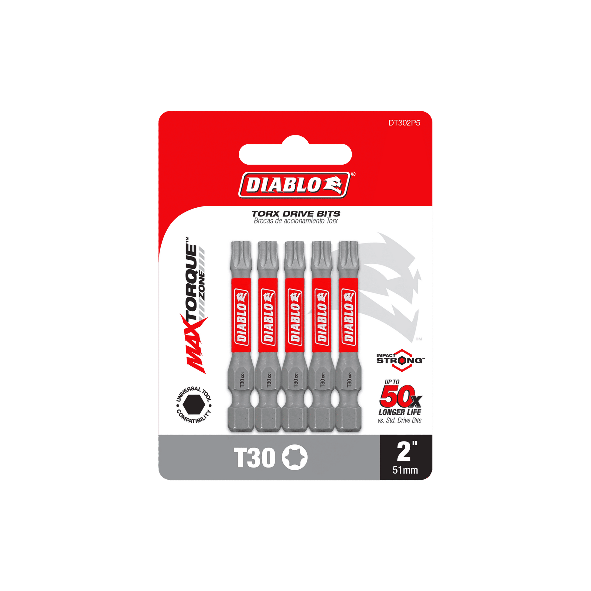 The Diablo DT302P5 2 in. #30 Torx Drive Bits (5-Pack) features five silver bits on a red and white card showcasing MAXIMUM STRENGTH, Impact Strong™, 50x Longer Life, and a MaxTorque Zone for enhanced durability and performance.