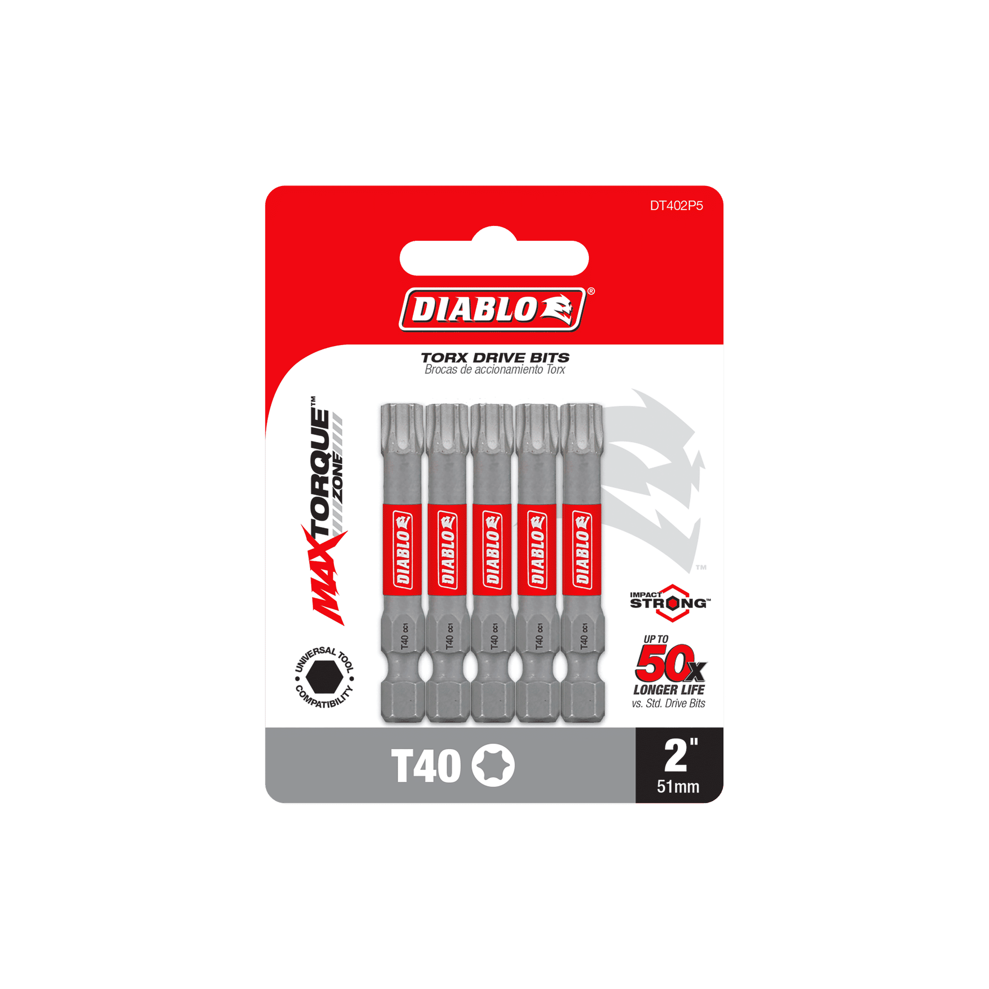 The DIABLO DT402P5 2 in. #40 Torx Drive Bits (5-Pack) by Diablo is showcased with MAXTORQUE Zone, Impact Strong™, and claims a 50x longer life. Featuring a vertical alignment, the bold red Diablo branding adorns each bit.