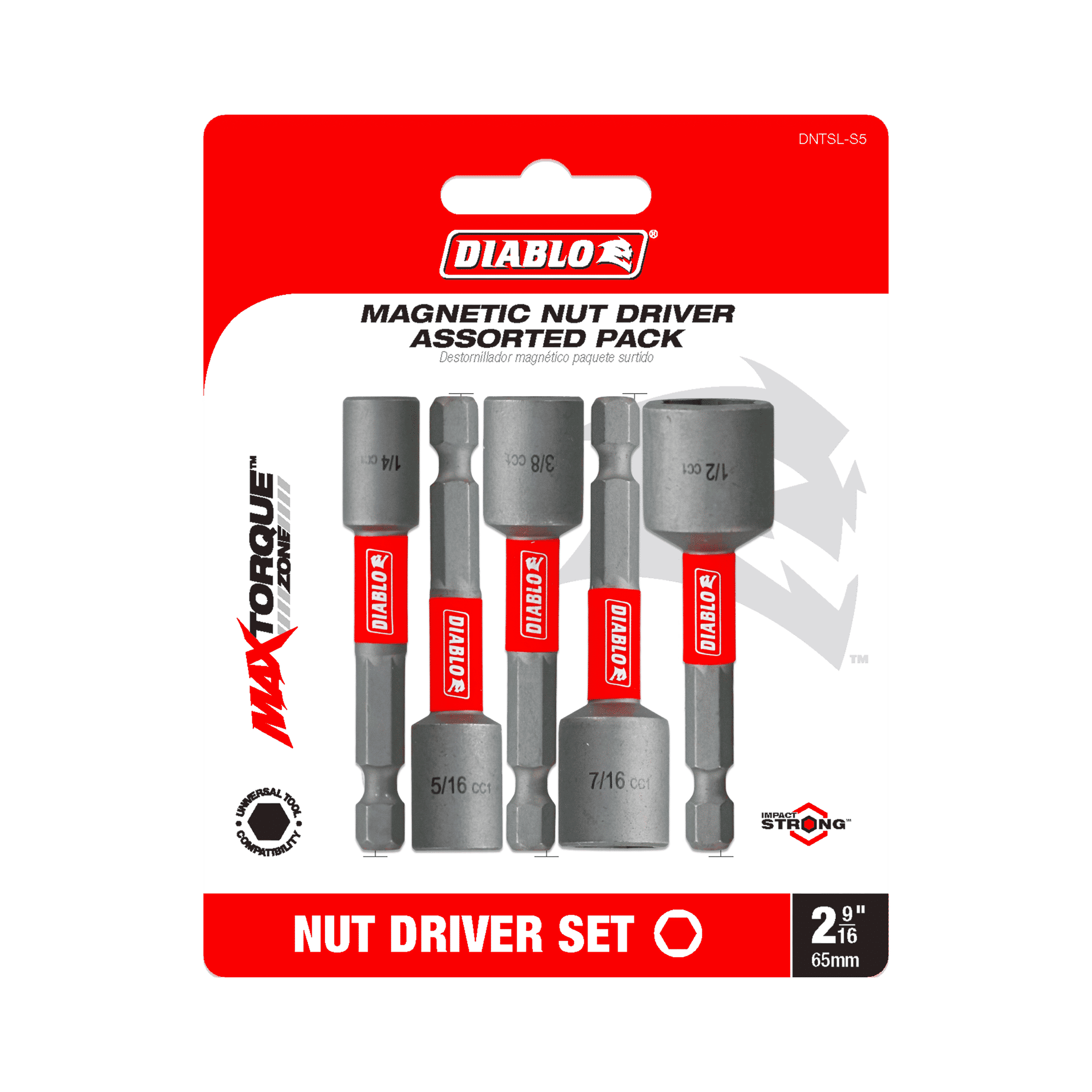 The packaging of Diablos DNTSL-S5 2-9/16 in. Magnetic Nut Driver Assorted Pack (5-Piece) features the brands red and white colors, showcasing Torque Resistant Design, and includes drivers in sizes: 1/4, 5/16, 3/8, 7/16, and 1/2.