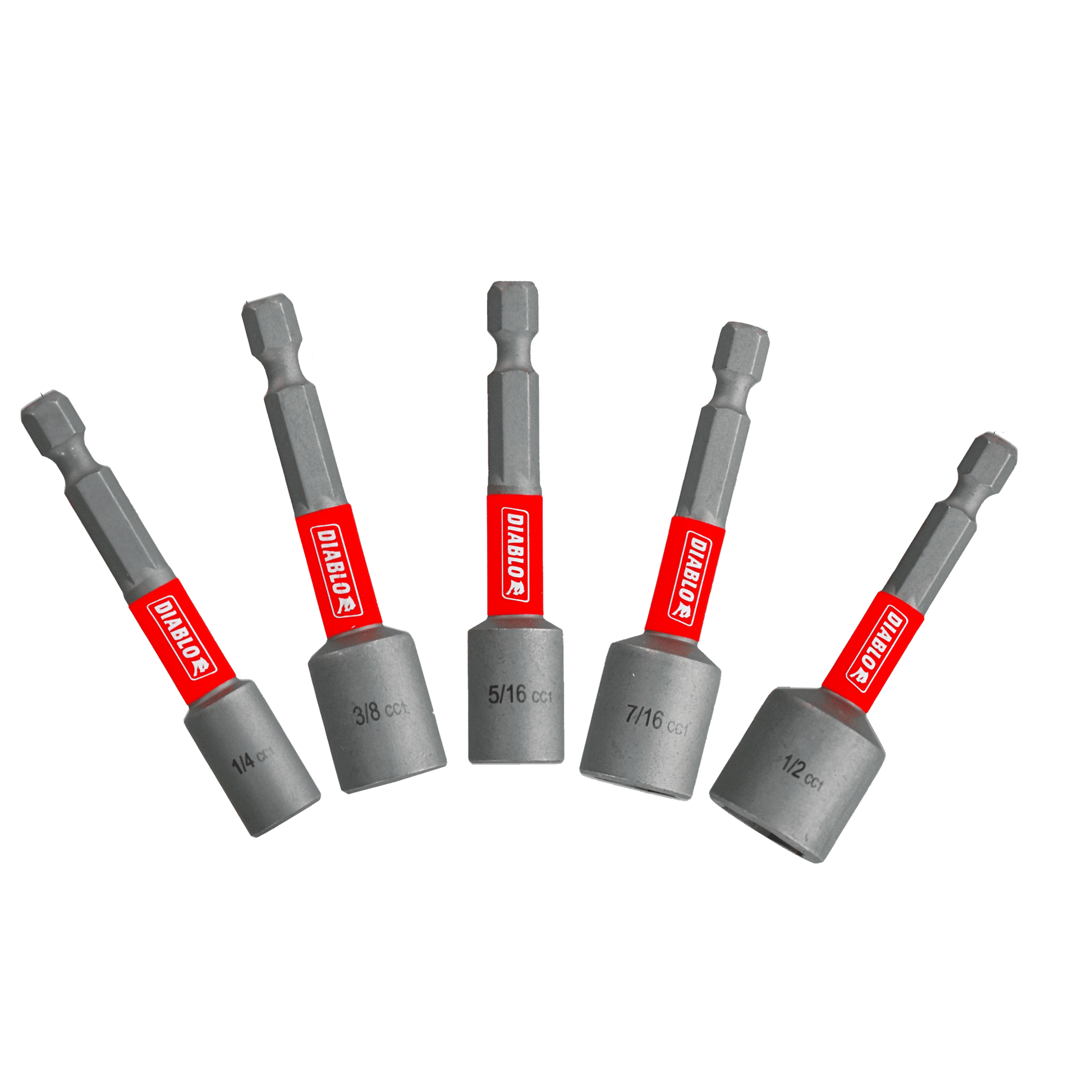 The DIABLO DNTSL-S5 2-9/16 in. Magnetic Nut Driver Assorted Pack (5-Piece) features torque-resistant, upright drivers with hexagonal bases and labeled red stickers in sizes 1/4, 3/8, 5/16, 7/16, and 1/2. Perfect for power tools.